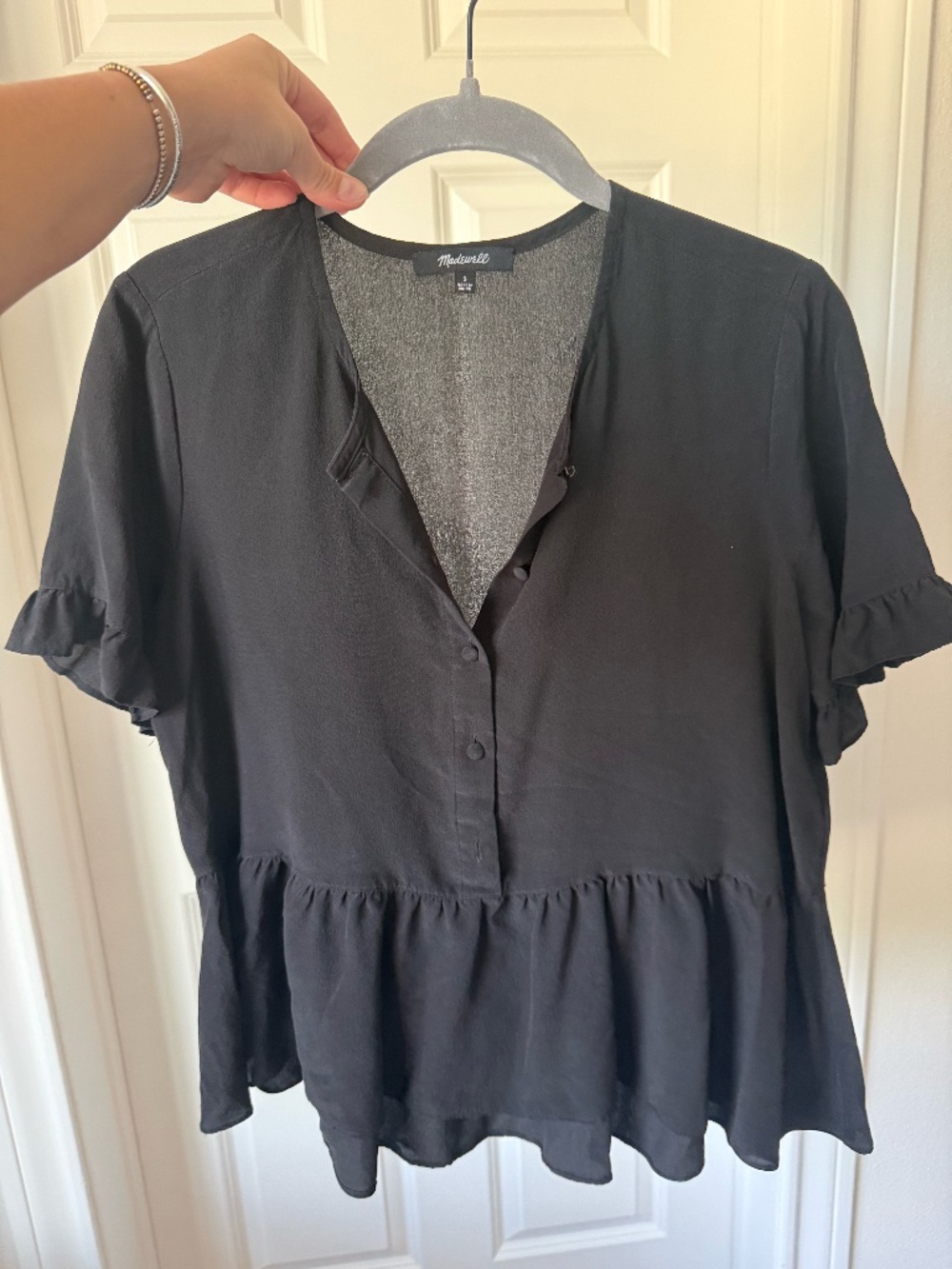 Madewell Black Peplum Flutter Sleeve Blouse Size S